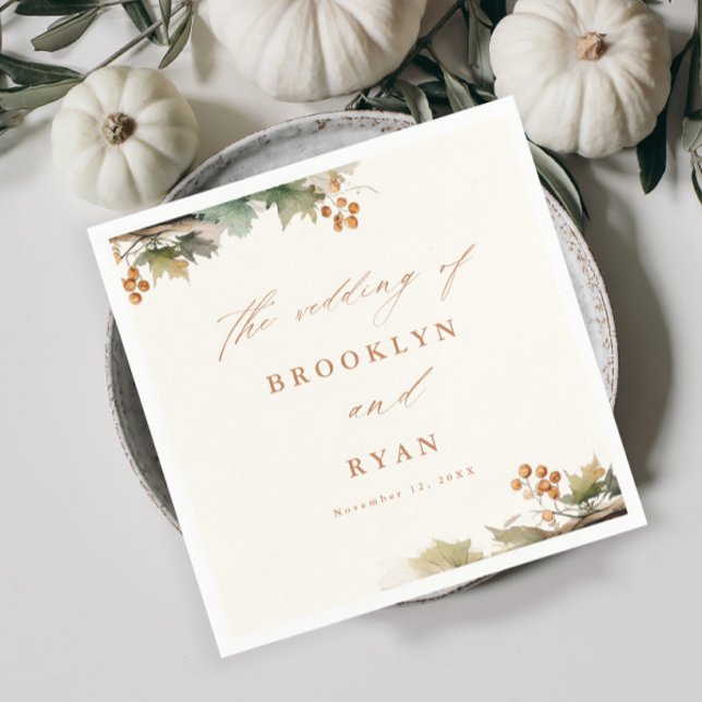 Rustic Fall Greenery Löv Bröllop Pappersservett (Rustic fall wedding napkins.)
