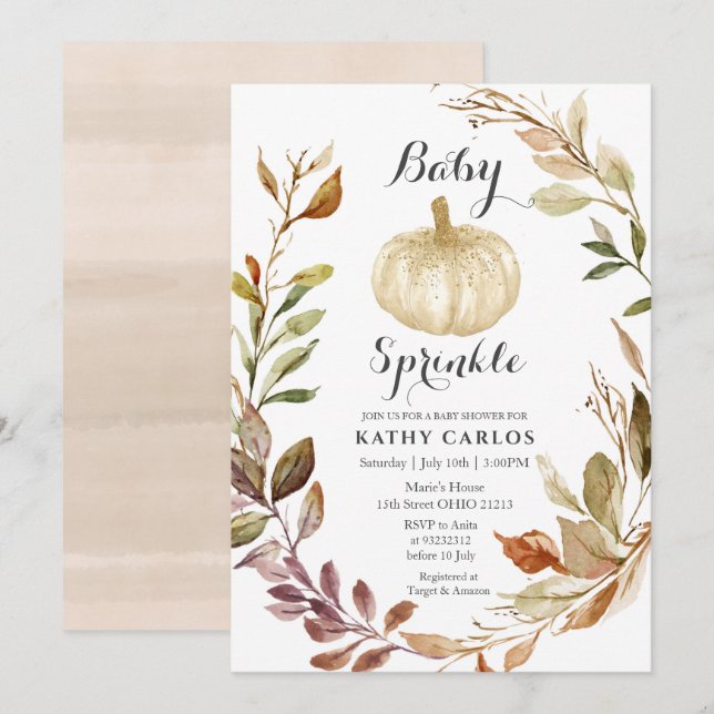 Rustic Fall Greenery White Pumpkin Baby Sprinkle  Inbjudningar (Fram/baksida)