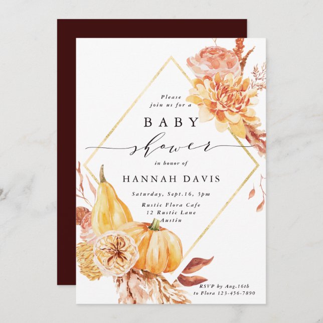 Rustic Fall Guld Blommigt Pumpkin Baby Shower Inbjudningar (Fram/baksida)