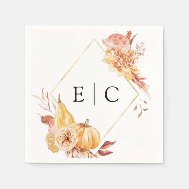 Rustic Fall Guld Blommigt Pumpkin Bröllop Monogram Pappersservett (Framsidan)