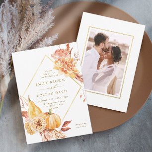Rustic Fall Guld Blommigt Pumpkin Bröllop Photo Inbjudningar