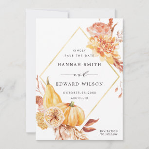 Rustic Fall Guld Blommigt Pumpkin Bröllop Photo Spara Datumet