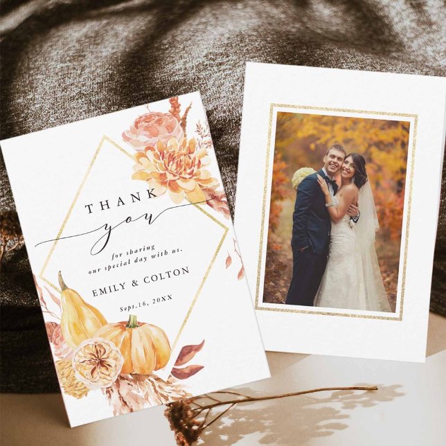 Rustic Fall Guld Blommigt Pumpkin Bröllop Photo Tack Kort (Front & Back)