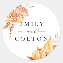 Rustic Fall Guld Blommigt Pumpkin Bröllop Runt Klistermärke