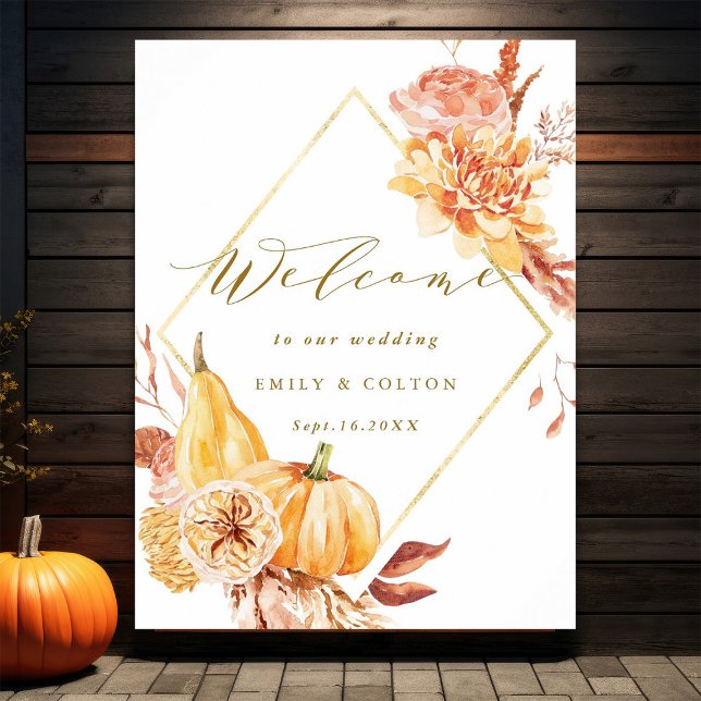 Rustic Fall Guld Blommigt Pumpkin Bröllop Välkomme Poster (Skapare uppladdad)