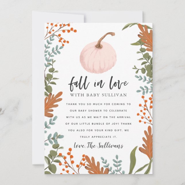 Rustic Fall i Kärlek Rosa Pumpkin Baby Shower Tack Kort (Framsida)