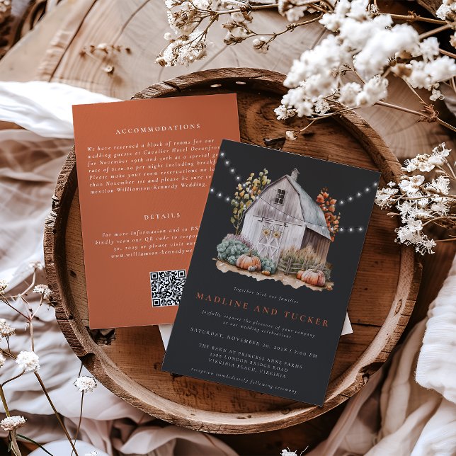 Rustic Fall Land Barn Ljus alla på ena Bröllop Inbjudningar (Fall Country Barn All in One Wedding Invitation)