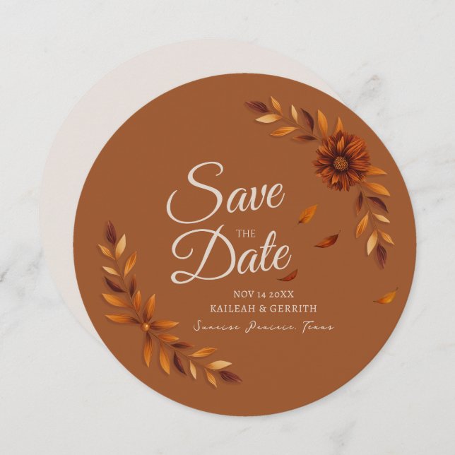 Rustic Fall Leaves Burnt Sienna Beige Wedding Spara Datumet (Fram/baksida)