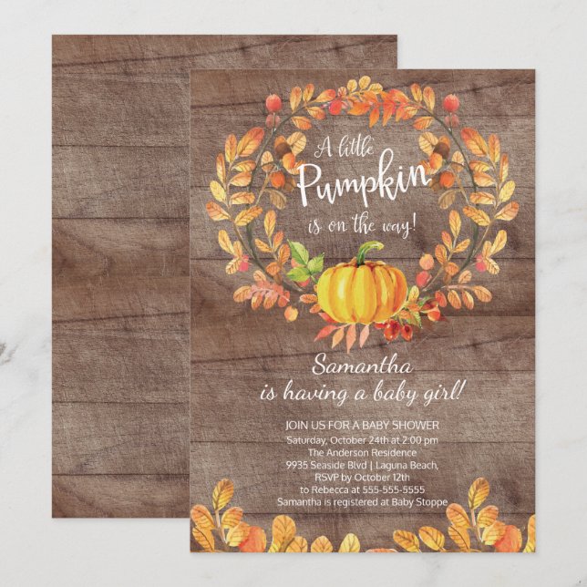 Rustic Fall Little Pumpkin Baby Shower-inbjudan Inbjudningar (Fram/baksida)
