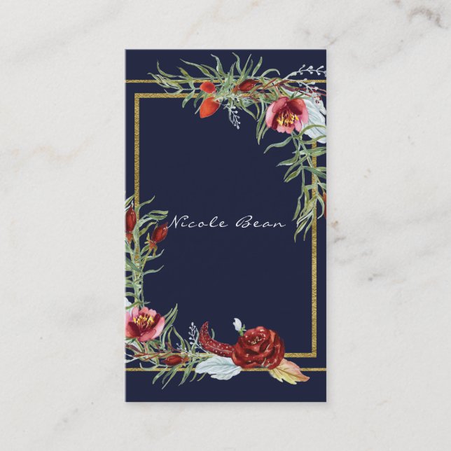 Rustic Fall Marsala Blommigt Navy Blue Chic Elegan Visitkort (Framsida)