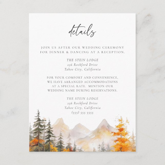 Rustic Fall Mountain Pine Forest Wedding Details Tilläggskort (Framsida)