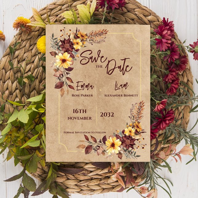 Rustic Fall Mustard Blommigt Bröllop spara datum Vykort (Rustic Fall Mustard Floral Wedding Save The Date Postcard)