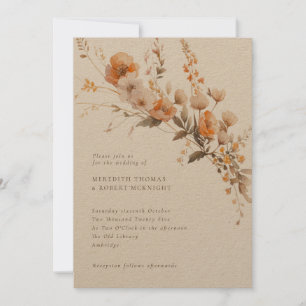 Rustic Fall Orange & Brown Blommigt Kraft Bröllop Inbjudningar