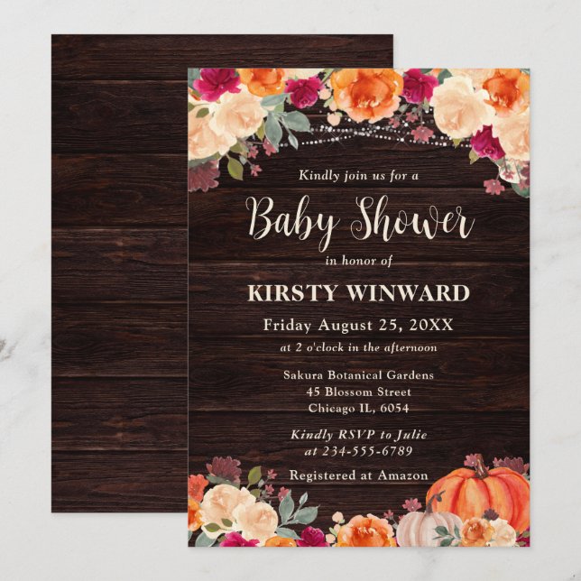 Rustic Fall Orange Pumpkin Blommigt Baby Shower Inbjudningar (Fram/baksida)