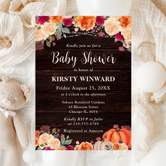 Rustic Fall Orange Pumpkin Blommigt Baby Shower Inbjudningar (Skapare uppladdad)