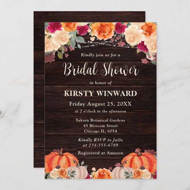 Rustic Fall Orange Pumpkin Blommigt Möhippa Inbjudningar (Fram/baksida)