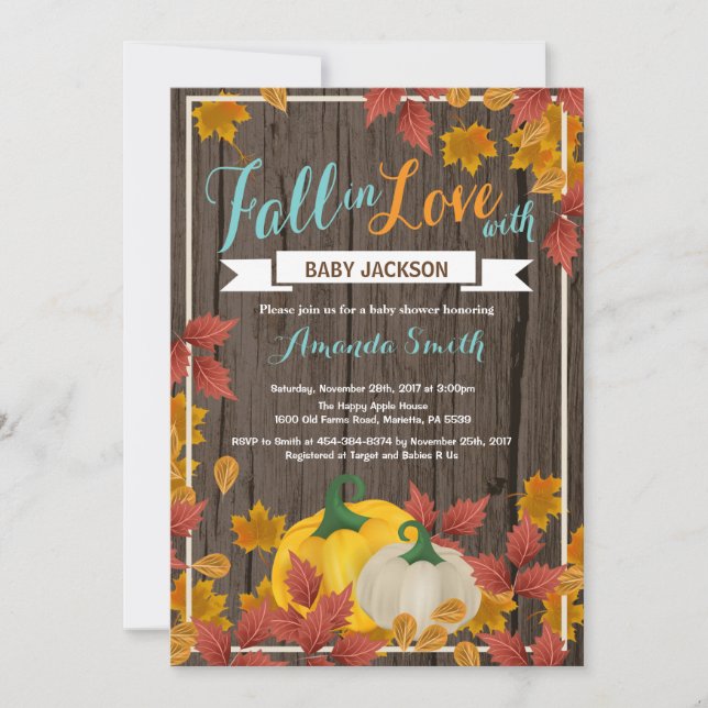Rustic Fall Pumpkin Aqua Baby Shower-inbjudan Inbjudningar (Framsida)