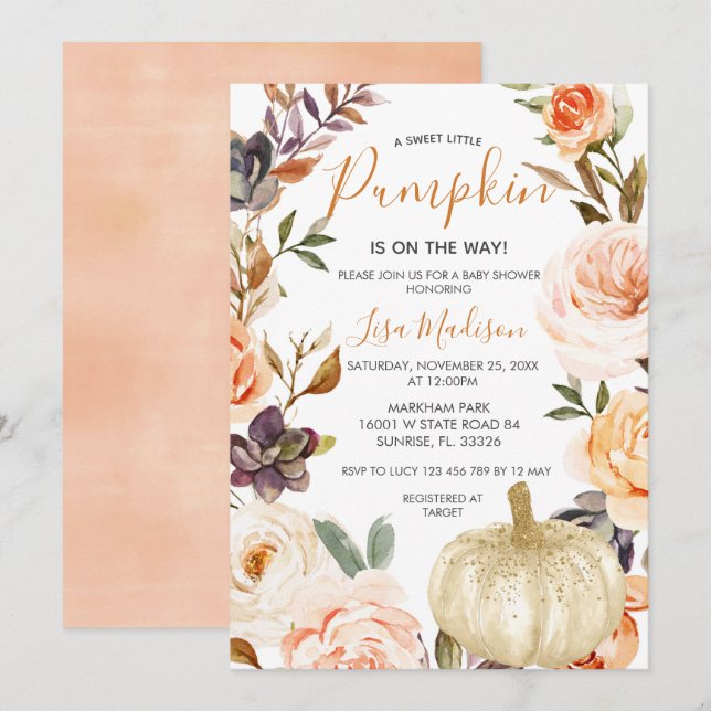 Rustic Fall Pumpkin är på Way Baby Shower Inbjudningar (Fram/baksida)
