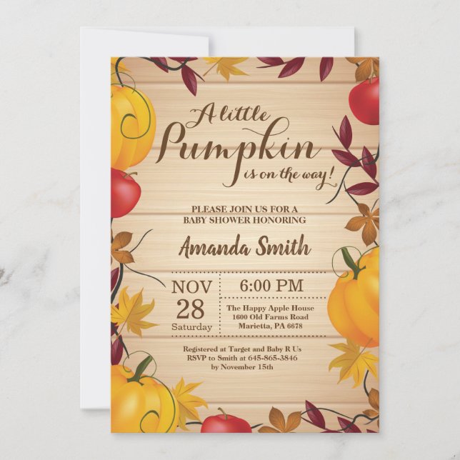 Rustic Fall Pumpkin Baby Shower-inbjudan Inbjudningar (Framsida)