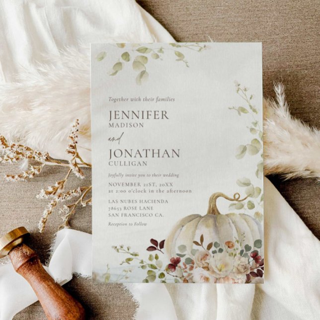 Rustic Fall Pumpkin Blommigt Bröllop Photo Inbjudningar (Fall Rustic Photo Wedding Invitation)