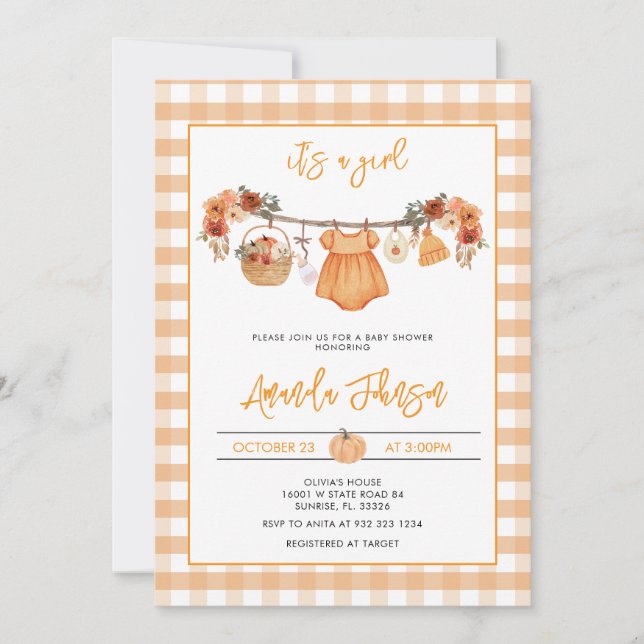Rustic Fall Pumpkin Clothesline Baby Shower Inbjudningar (Framsida)
