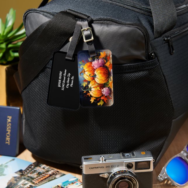 Rustic Fall Pumpkin Colorful Höst löv Bagagebricka (Fram & Baksida)