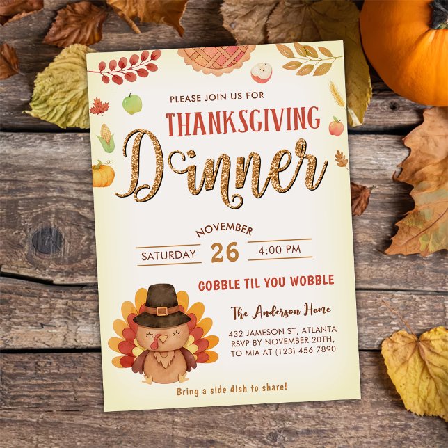 Rustic Fall Pumpkin Gobble Thanksgiving Dinner Inbjudningar (Skapare uppladdad)