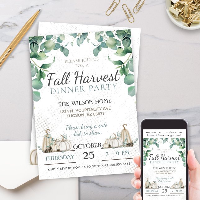 Rustic Fall Pumpkin Greenery Dinner Party Inbjudningar (Elegant Simple Rustic Charm Fall Autumn White Pumpkin Greenery Dinner Party Thanksgiving Invitation)