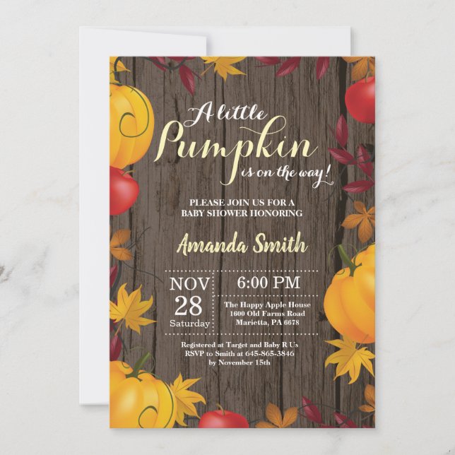 Rustic Fall Pumpkin Gult Baby Shower-inbjudan Inbjudningar (Framsida)