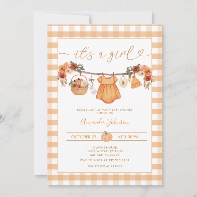 Rustic Fall Pumpkin Klädstreck Baby Shower  Inbjudningar (Framsida)