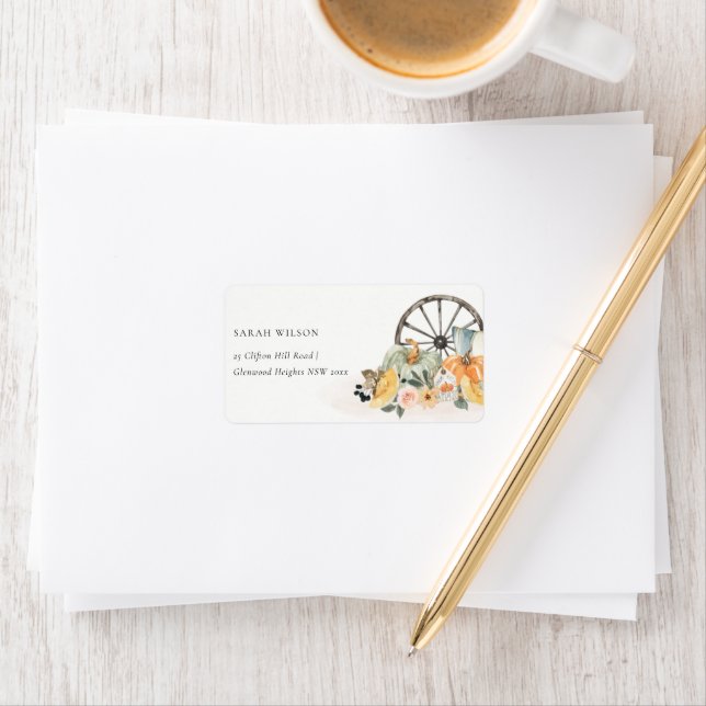 Rustic Fall Pumpkin Leafy Blommigt Wheel Adress Adressetikett (Insitu)