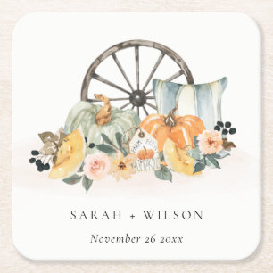 Rustic Fall Pumpkin Leafy Blommigt Wheel Bröllop Underlägg Papper Kvadrat