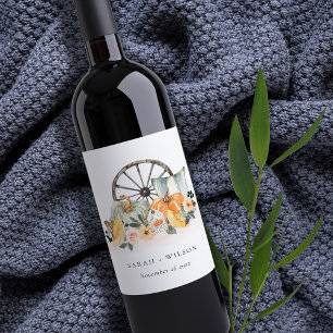 Rustic Fall Pumpkin Leafy Blommigt Wheel Bröllop Vinflaska Etikett