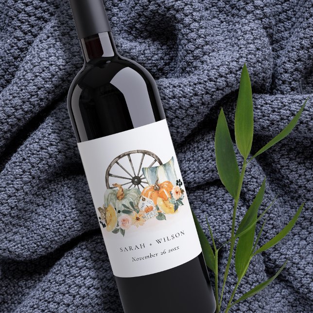 Rustic Fall Pumpkin Leafy Blommigt Wheel Bröllop Vinflaska Etikett (Skapare uppladdad)