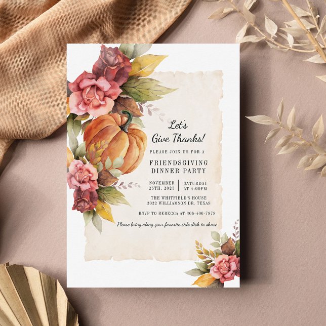 Rustic Fall Pumpkin Lets Ge tack Friendsgiving Anteckningskort (Fall Orange Pumpkin Thanksgiving Invitation)