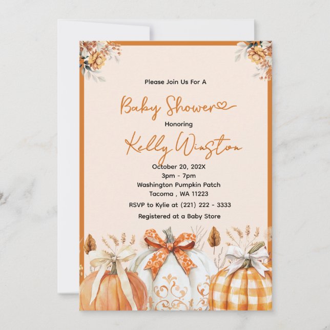 Rustic Fall Pumpkin Neutralt Farmhouse Baby Shower Inbjudningar (Framsida)