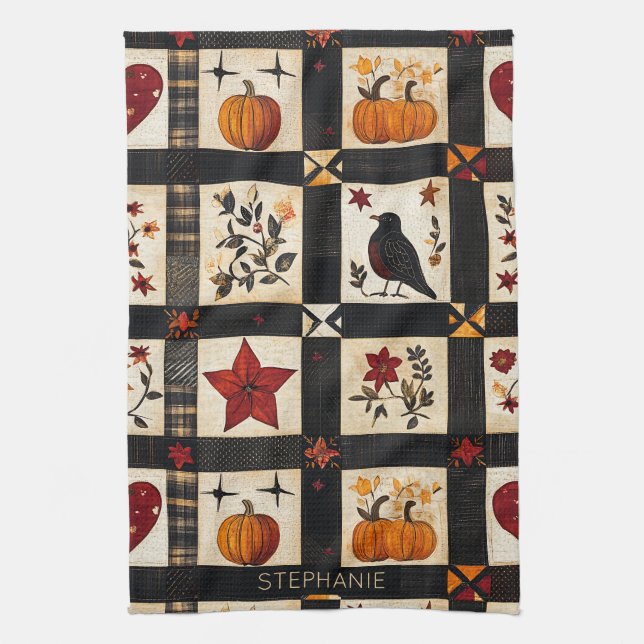 Rustic Fall Quilt Mönster | Farmhouse Patchwork Kökshandduk (Vertikal)