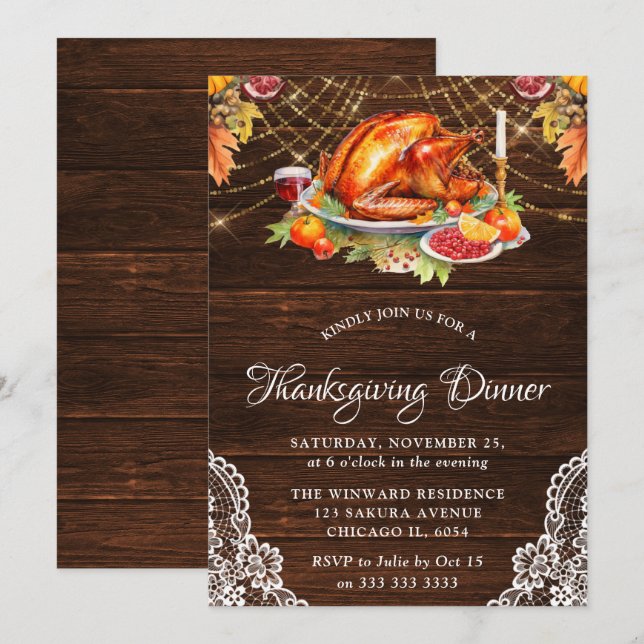 Rustic Fall Rostad Turkey Wood Thanksgiving Inbjudningar (Fram/baksida)