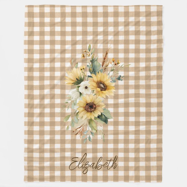 Rustic Fall SunblommBrown Gingham Personlig Fleecefilt (Framsidan)