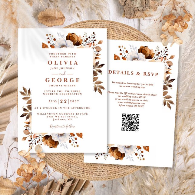Rustic Fall Terracotta Blommigt QR-koden Bröllop Inbjudningar (Rustic Fall Terracotta Floral QR Code Wedding Invitation)