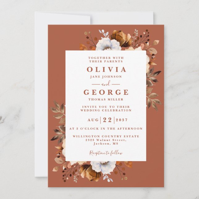 Rustic Fall Terracotta Blommigt QR-koden Bröllop Inbjudningar (Framsida)