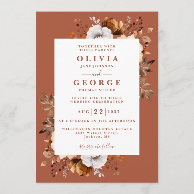 Rustic Fall Terracotta Blommigt QR-koden Bröllop Inbjudningar (Framsida)