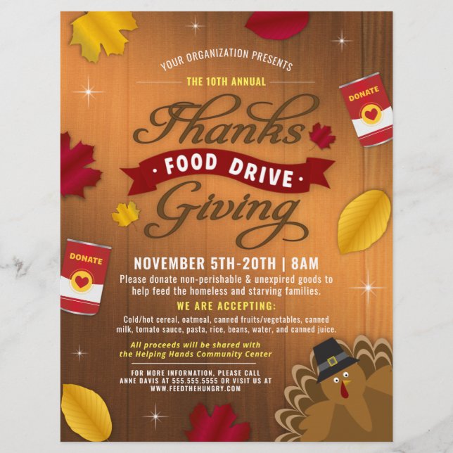Rustic Fall Thanksgiving Food Drive Fundraiser Reklamblad (Framsidan)