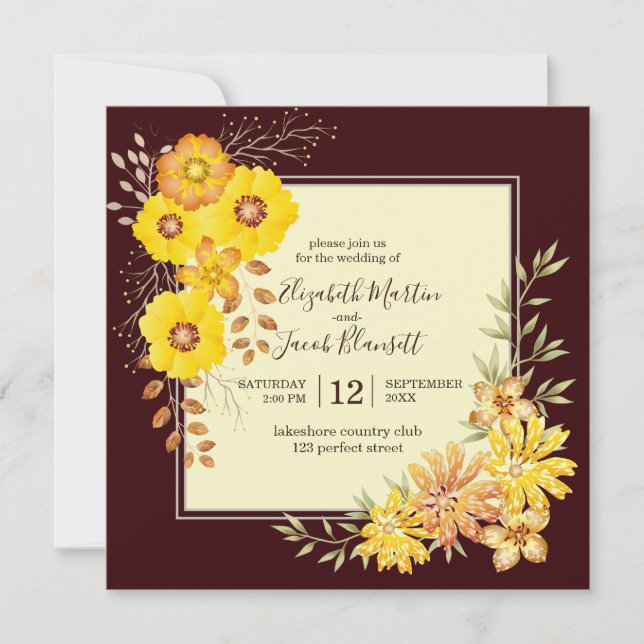Rustic Fall Wedding Gult Vild Ro, burgundi Inbjudningar (Framsida)