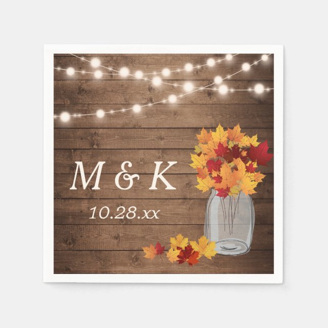 Rustic Fall Wedding Monogram String Ljus Wood Pappersservett (Framsidan)