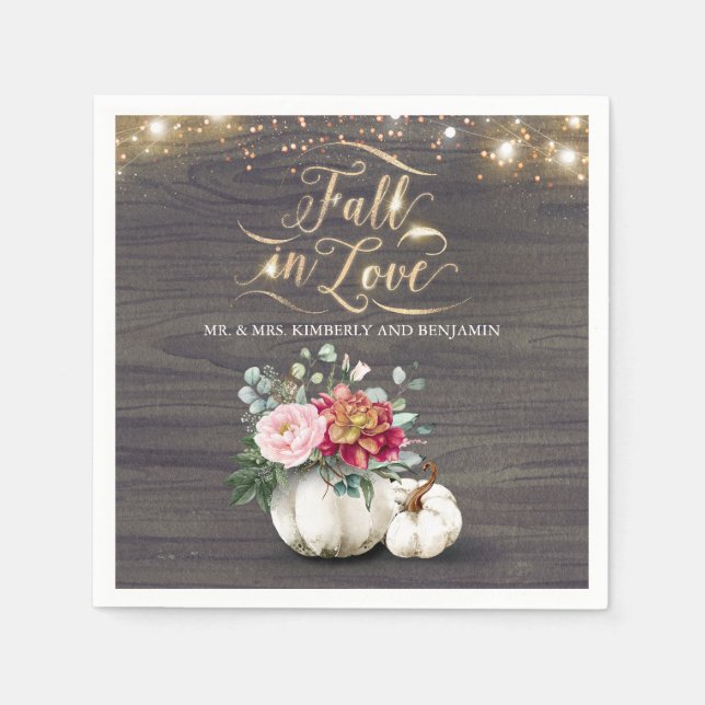 Rustic Fall White Blommigt Pumpkin Bröllop Napkins Pappersservett (Framsidan)