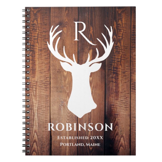 Rustic Family Monogram Namn Wood Hjort Antler Anteckningsbok (Framsidan)