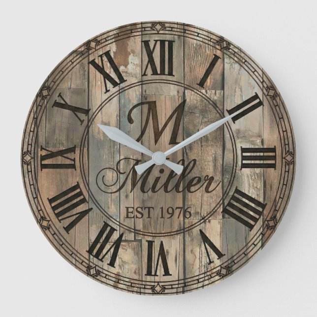 Rustic Family Monogram Wall Clock | Wood-Look  Stor Klocka (Framsida)