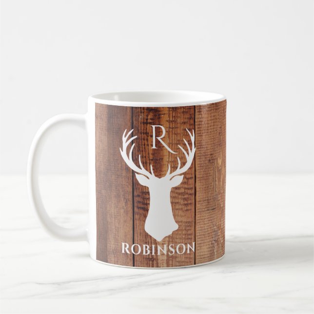 Rustic Family Monogram Wood Stil Hjort Antler Kaffemugg (Vänster)