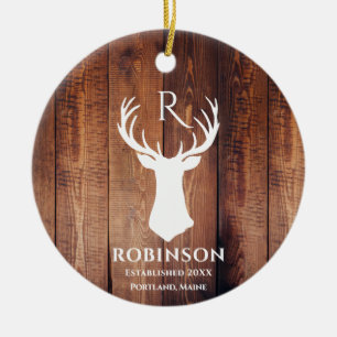 Rustic Family Monogram Wood Styled Hjort Antler Julgransprydnad Keramik